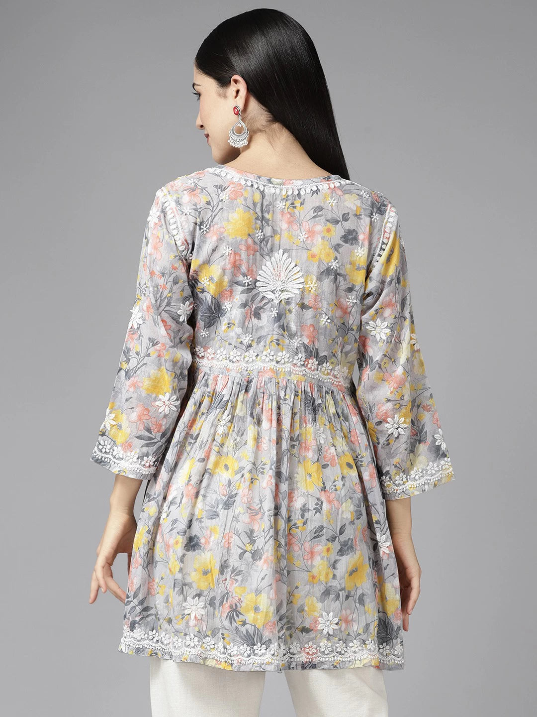 Ada Hand Embroidered Lucknowi Chikankari Grey And Yellow Cotton Floral Print Paplum Kurti A911314
