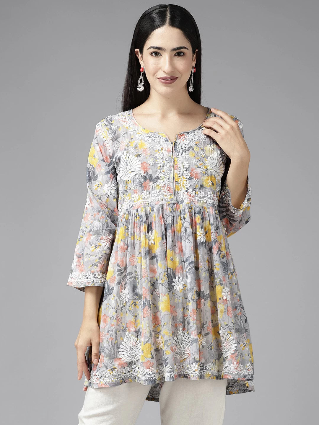 Ada Hand Embroidered Lucknowi Chikankari Grey And Yellow Cotton Floral Print Paplum Kurti A911314