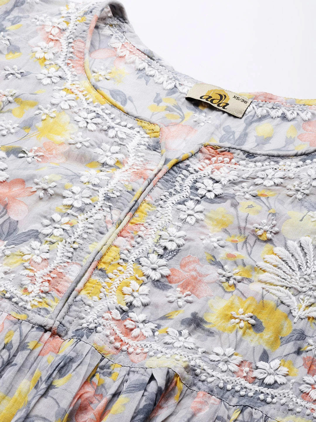 Ada Hand Embroidered Lucknowi Chikankari Grey And Yellow Cotton Floral Print Paplum Kurti A911314