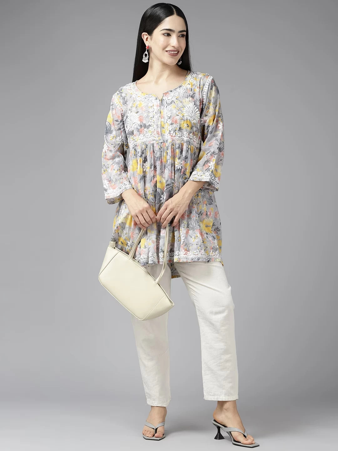 Ada Hand Embroidered Lucknowi Chikankari Grey And Yellow Cotton Floral Print Paplum Kurti A911314