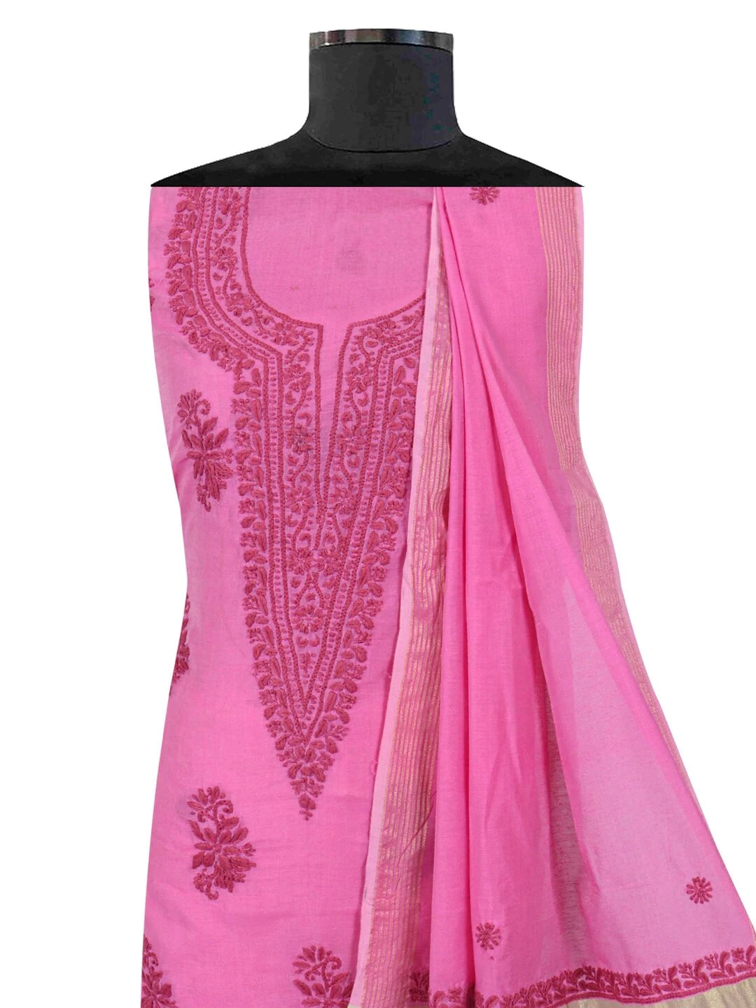 Ada Hand Embroidered Onion Pink Chanderi Lucknowi Chikankari Unstitched Kurta Dupatta Set 01A237340