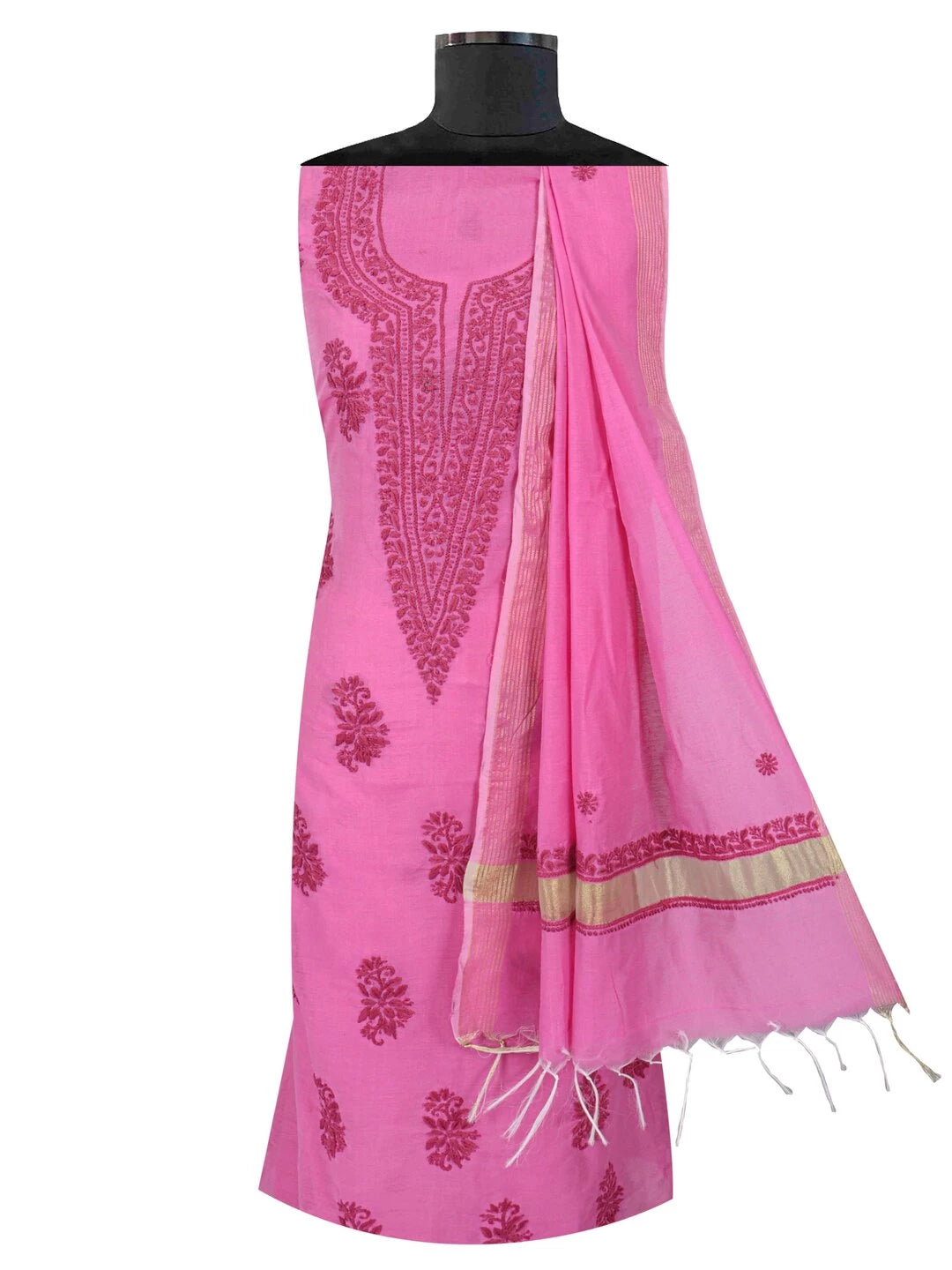 Ada Hand Embroidered Onion Pink Chanderi Lucknowi Chikankari Unstitched Kurta Dupatta Set 01A237340