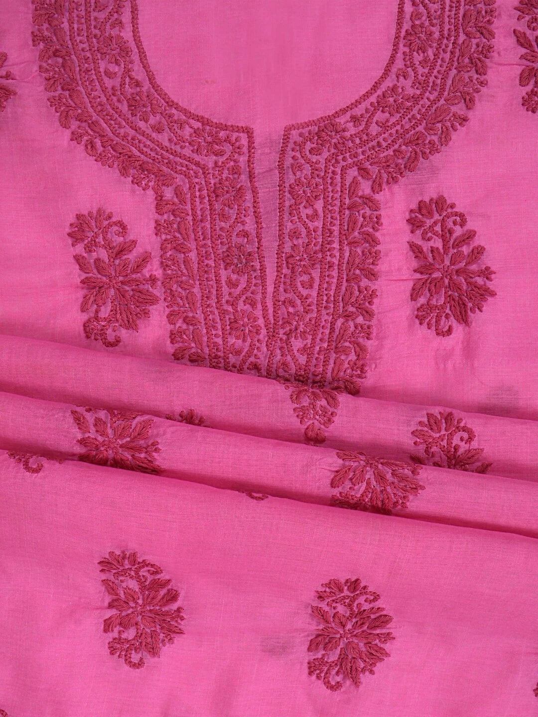 Ada Hand Embroidered Onion Pink Chanderi Lucknowi Chikankari Unstitched Kurta Dupatta Set 01A237340