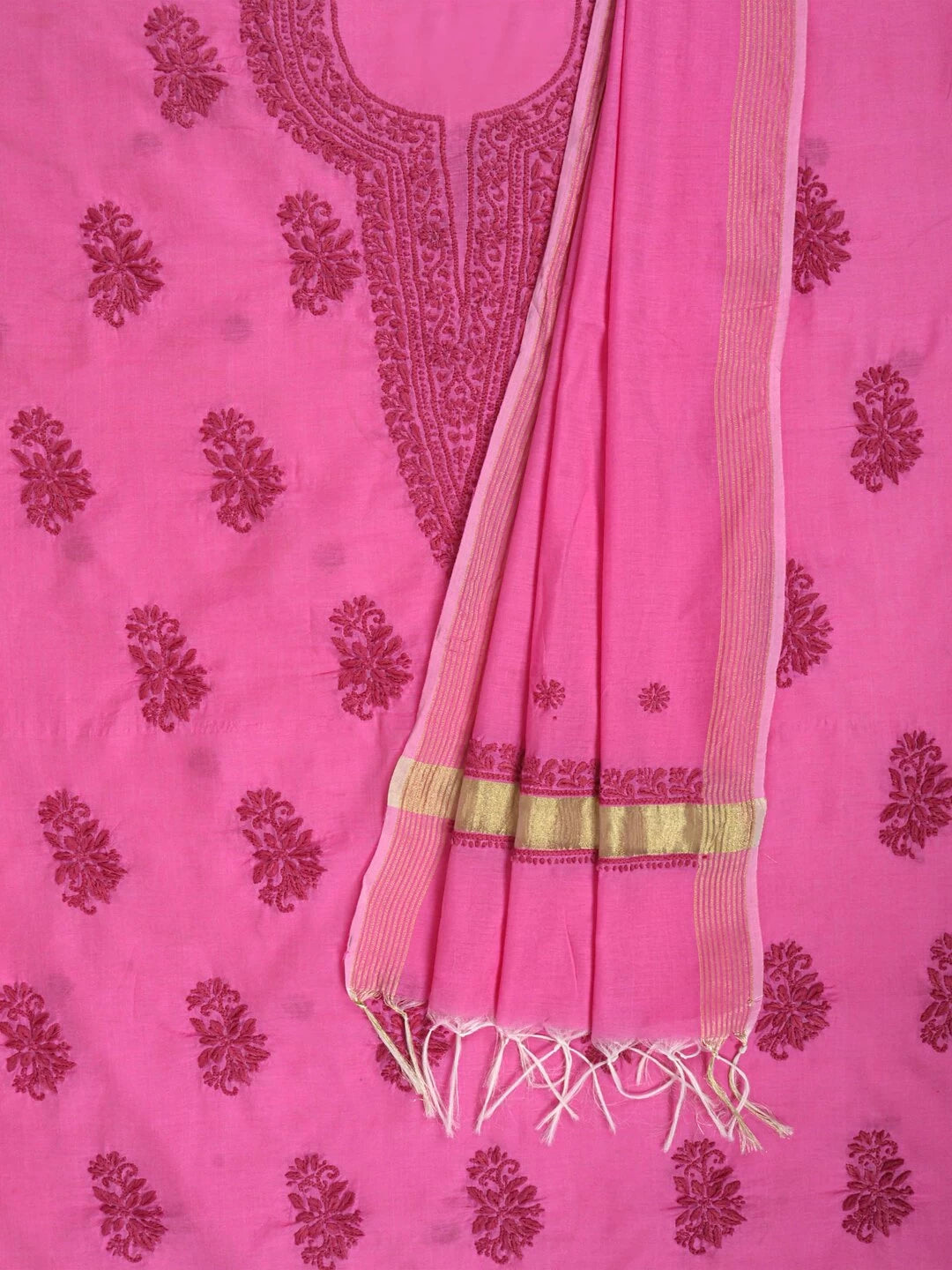 Ada Hand Embroidered Onion Pink Chanderi Lucknowi Chikankari Unstitched Kurta Dupatta Set 01A237340