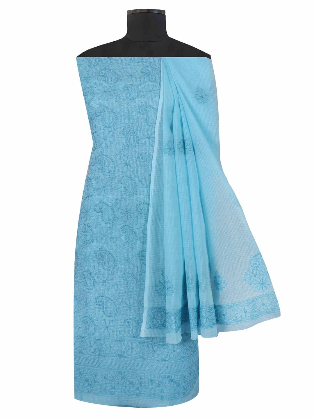 Ada Hand Embroidered Sky Blue Kota Lucknowi Chikankari Unstitched Kurta Dupatta Set 01A219583