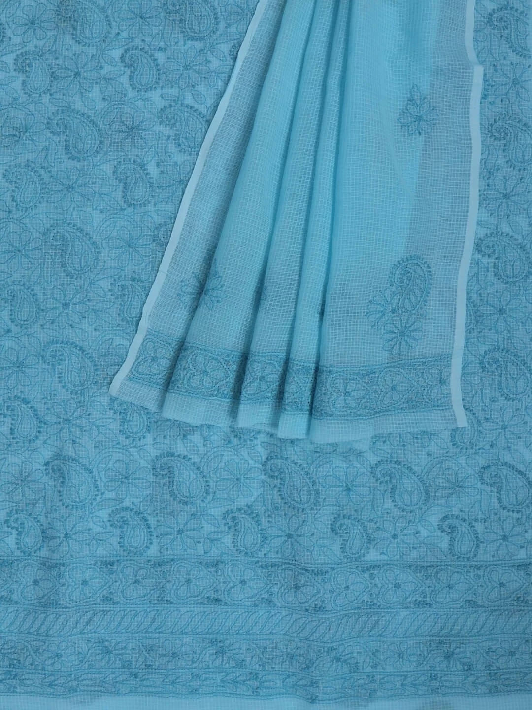 Ada Hand Embroidered Sky Blue Kota Lucknowi Chikankari Unstitched Kurta Dupatta Set 01A219583