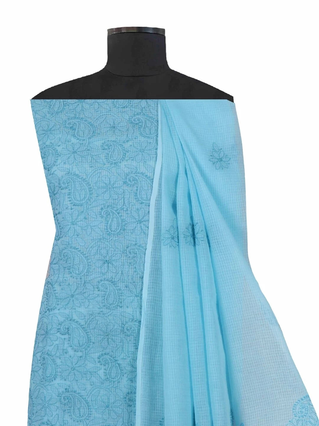 Ada Hand Embroidered Sky Blue Kota Lucknowi Chikankari Unstitched Kurta Dupatta Set 01A219583