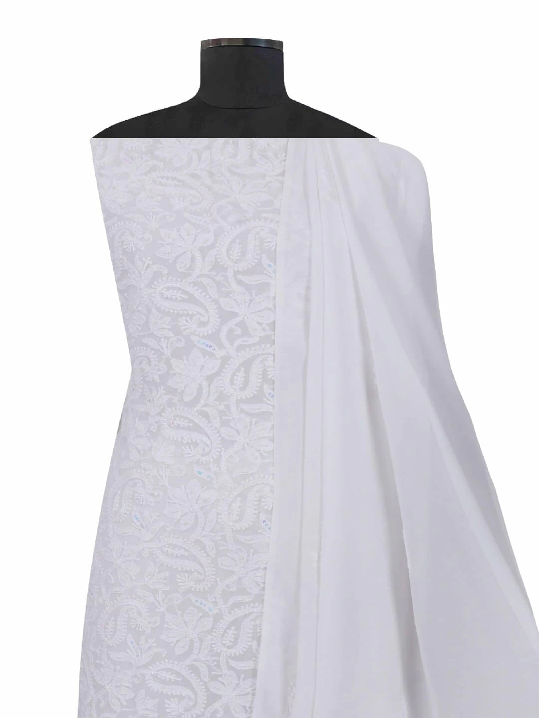 Ada Hand Embroidered White Georgette Lucknowi Chikankari Unstitched Kurta Dupatta Set with Pearl Work 01A125218