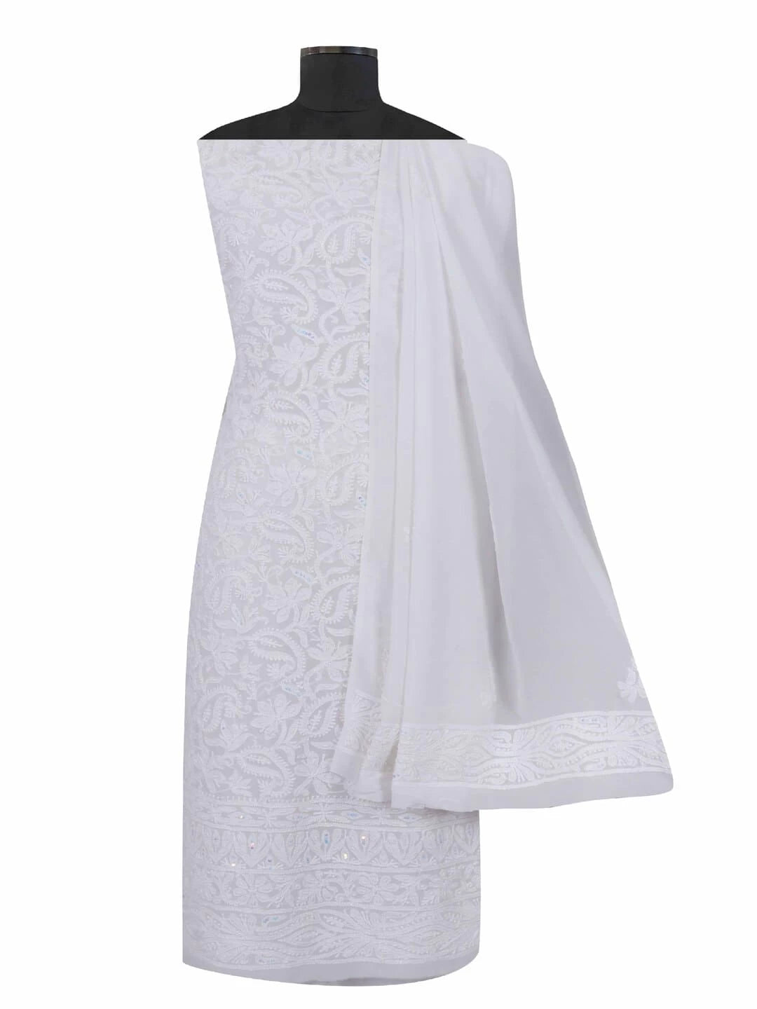 Ada Hand Embroidered White Georgette Lucknowi Chikankari Unstitched Kurta Dupatta Set with Pearl Work 01A125218