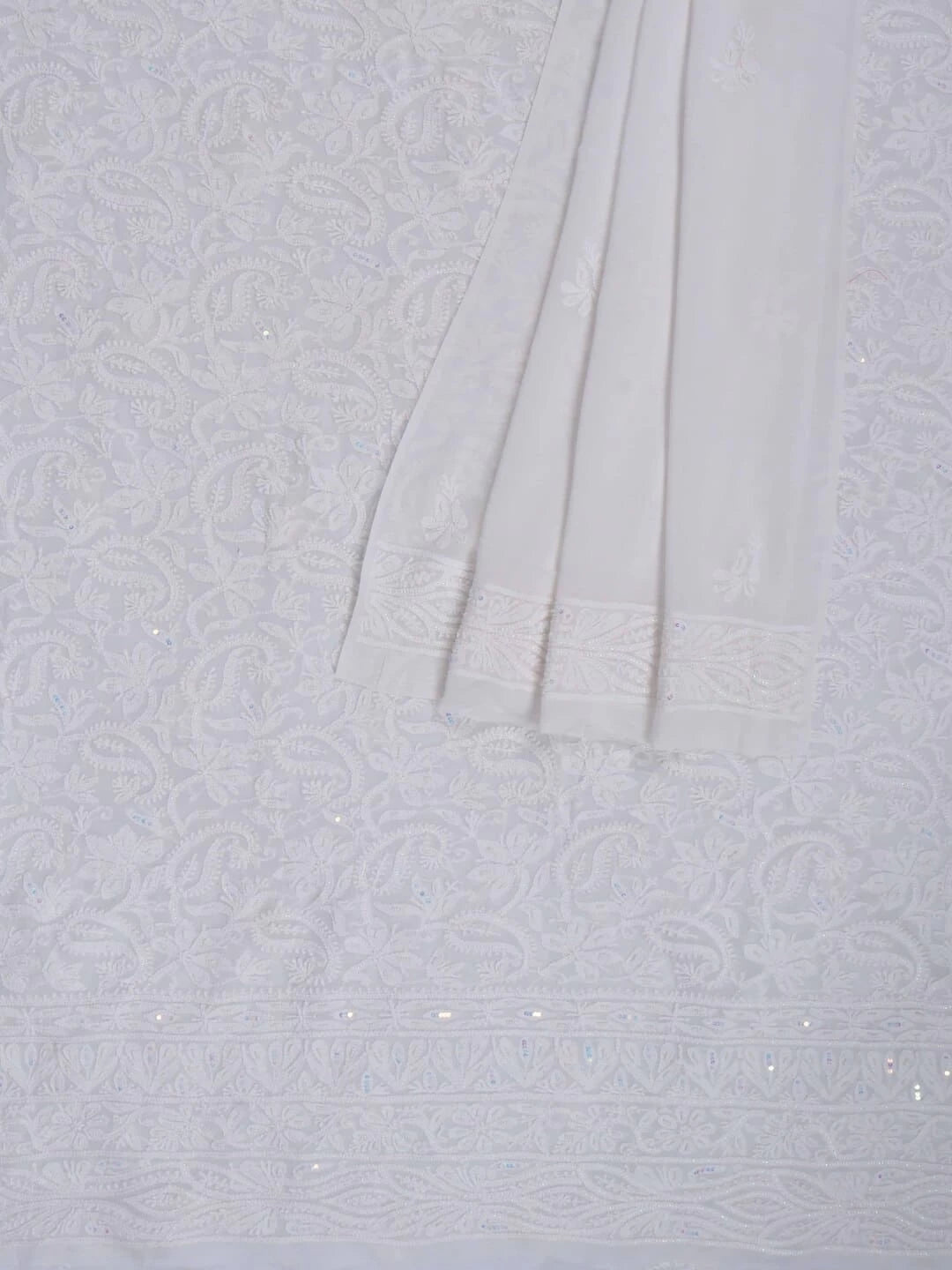 Ada Hand Embroidered White Georgette Lucknowi Chikankari Unstitched Kurta Dupatta Set with Pearl Work 01A125218