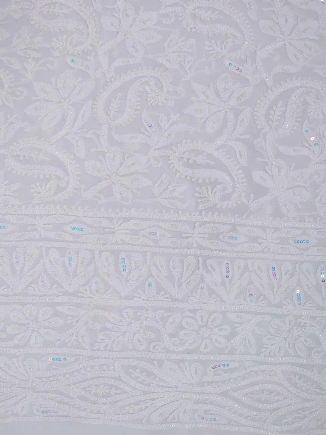 Ada Hand Embroidered White Georgette Lucknowi Chikankari Unstitched Kurta Dupatta Set with Pearl Work 01A125218