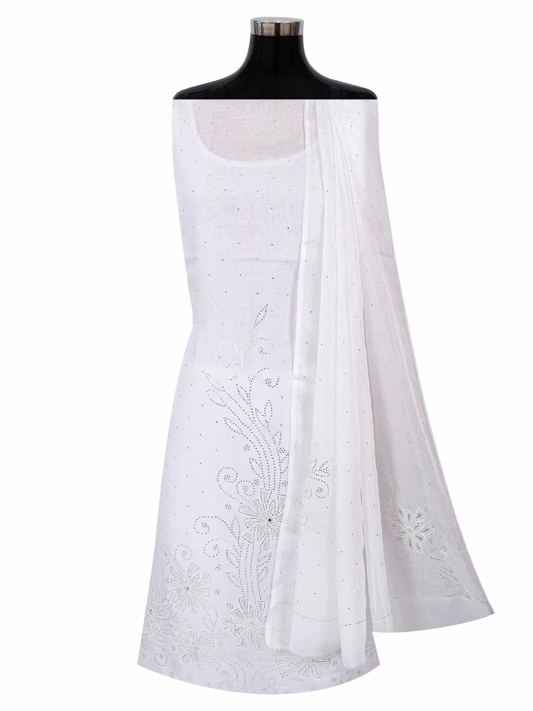 Ada Hand Embroidered White Organza Lucknowi Chikankari Unstitched Kurta Dupatta Set With Net & Muqaish Work 01A167310