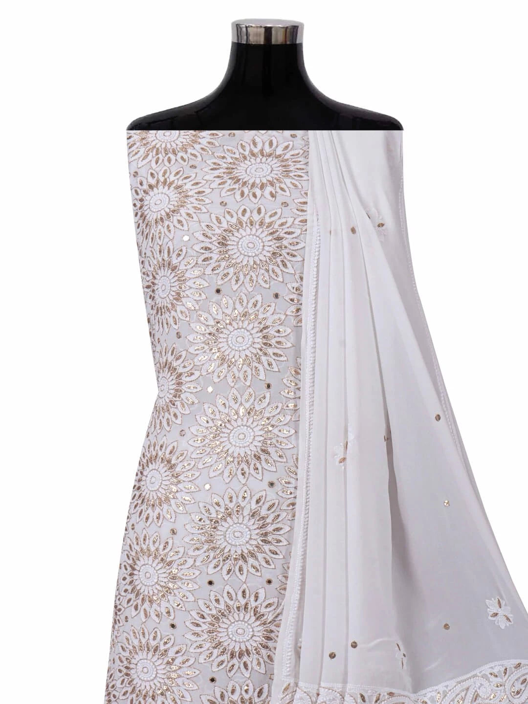 Ada Hand Embroidered White Viscose Georgette Lucknowi Chikankari Unstitched Kurta Dupatta Set With Gota Patti Work 01A200076
