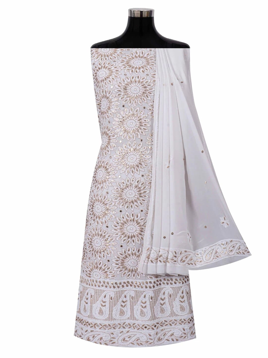 Ada Hand Embroidered White Viscose Georgette Lucknowi Chikankari Unstitched Kurta Dupatta Set With Gota Patti Work 01A200076
