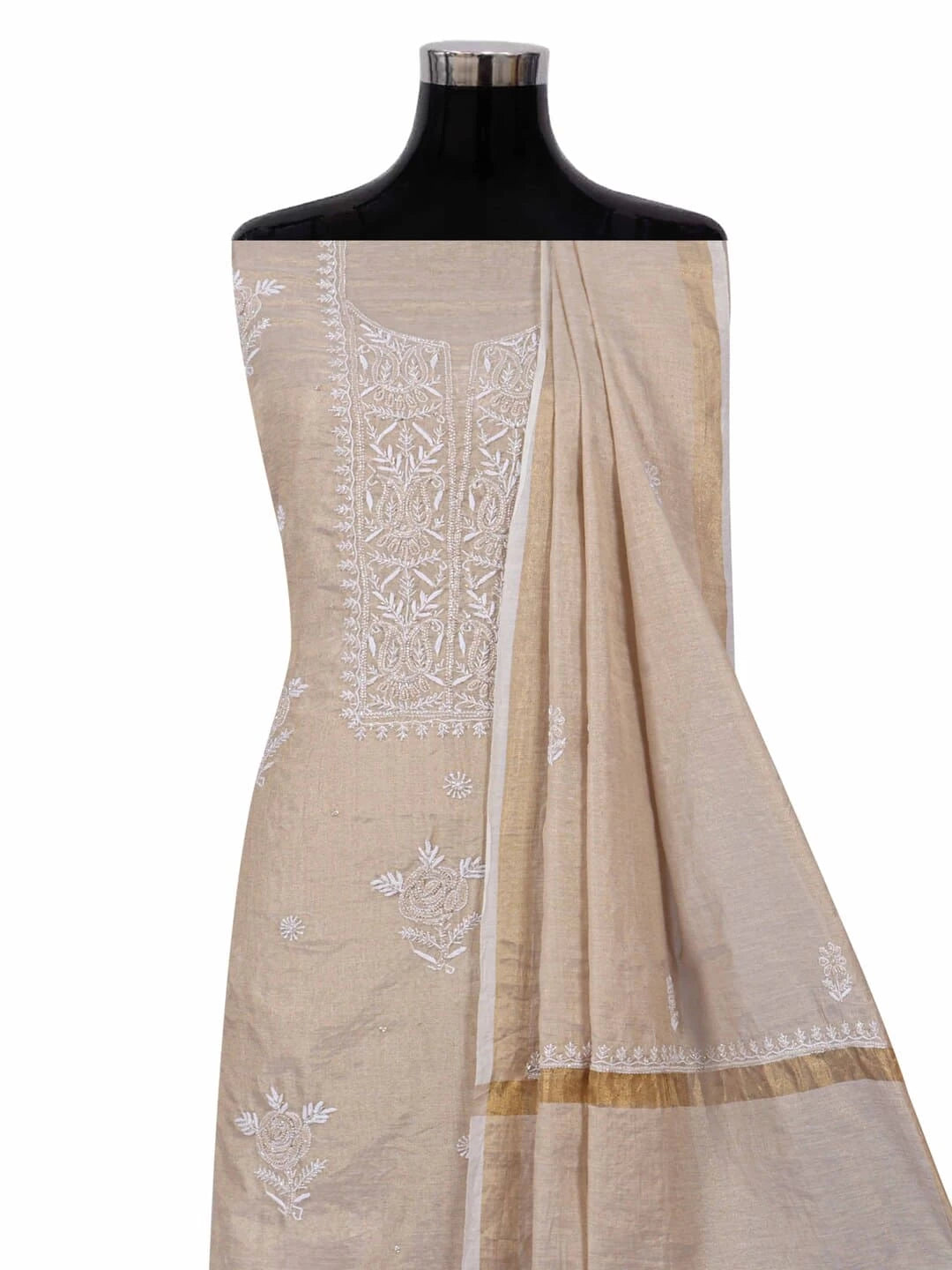 Ada Hand Embroidered Natural Fawn Tissue Lucknowi Chikankari Unstitched Kurta Dupatta Set With Cutdana Work 01A215997