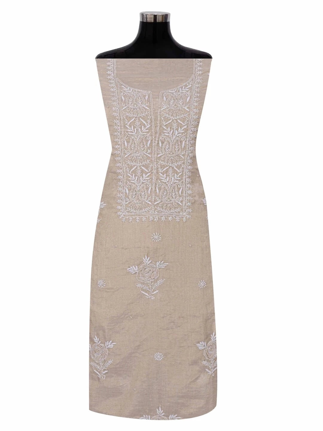 Ada Hand Embroidered Natural Fawn Tissue Lucknowi Chikankari Unstitched Kurta Dupatta Set With Cutdana Work 01A215997