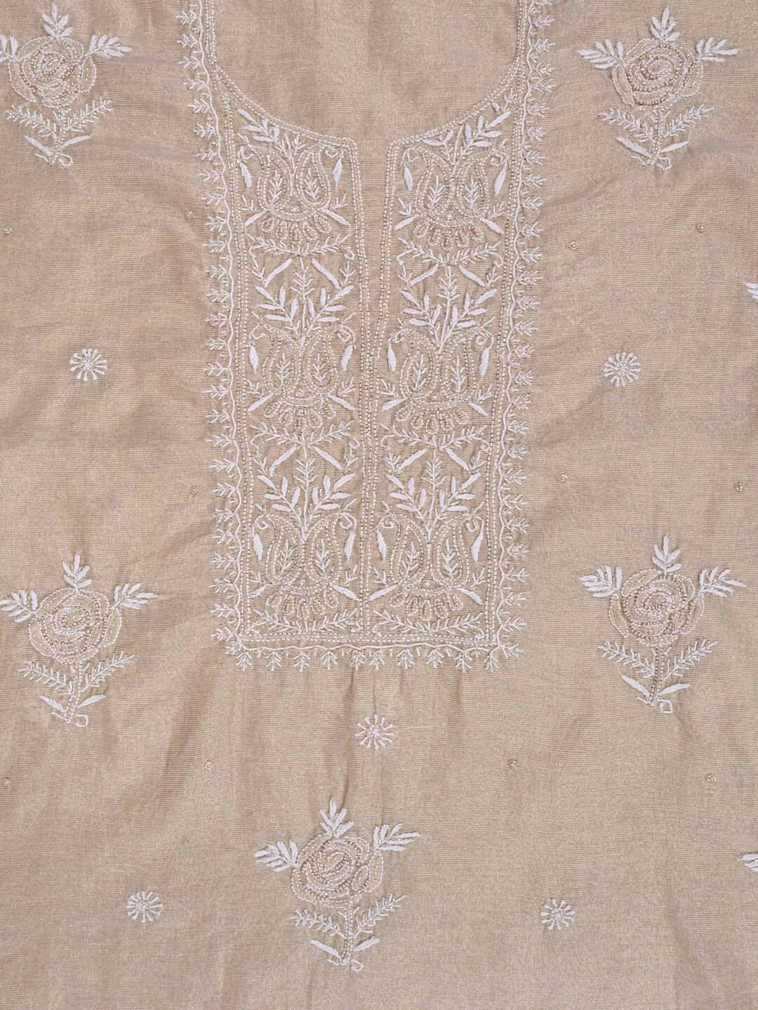 Ada Hand Embroidered Natural Fawn Tissue Lucknowi Chikankari Unstitched Kurta Dupatta Set With Cutdana Work 01A215997