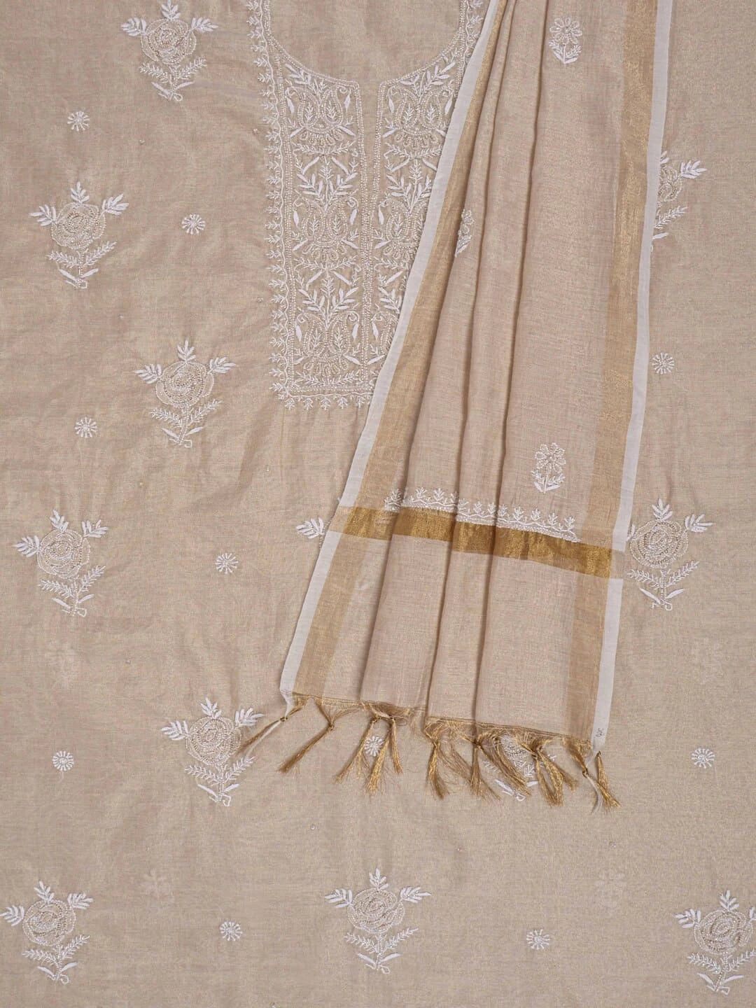 Ada Hand Embroidered Natural Fawn Tissue Lucknowi Chikankari Unstitched Kurta Dupatta Set With Cutdana Work 01A215997