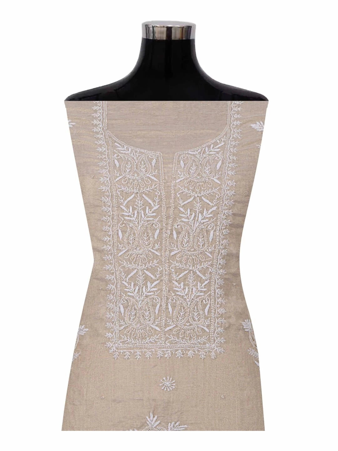 Ada Hand Embroidered Natural Fawn Tissue Lucknowi Chikankari Unstitched Kurta Dupatta Set With Cutdana Work 01A215997