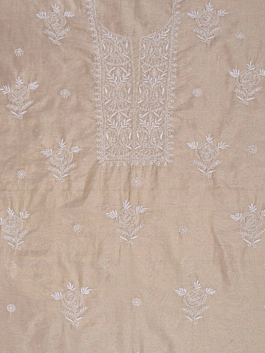 Ada Hand Embroidered Natural Fawn Tissue Lucknowi Chikankari Unstitched Kurta Dupatta Set With Cutdana Work 01A215997