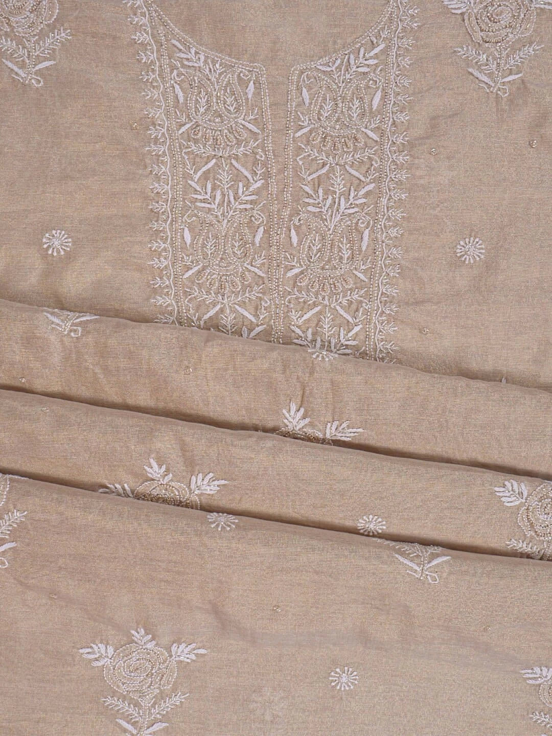 Ada Hand Embroidered Natural Fawn Tissue Lucknowi Chikankari Unstitched Kurta Dupatta Set With Cutdana Work 01A215997