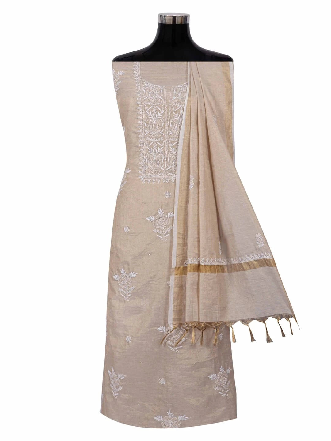 Ada Hand Embroidered Natural Fawn Tissue Lucknowi Chikankari Unstitched Kurta Dupatta Set With Cutdana Work 01A215997