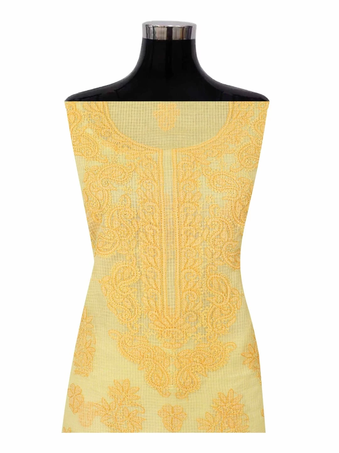 Ada Hand Embroidered Yellow Kota Lucknowi Chikankari Unstitched Kurta Dupatta Set 01A222098