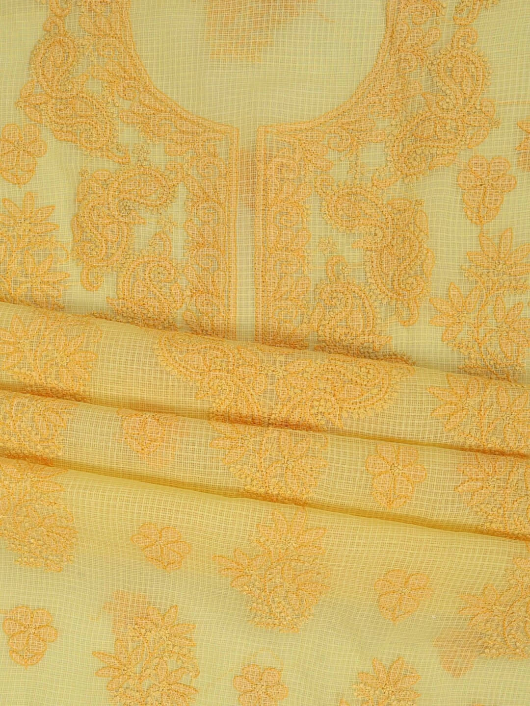 Ada Hand Embroidered Yellow Kota Lucknowi Chikankari Unstitched Kurta Dupatta Set 01A222098