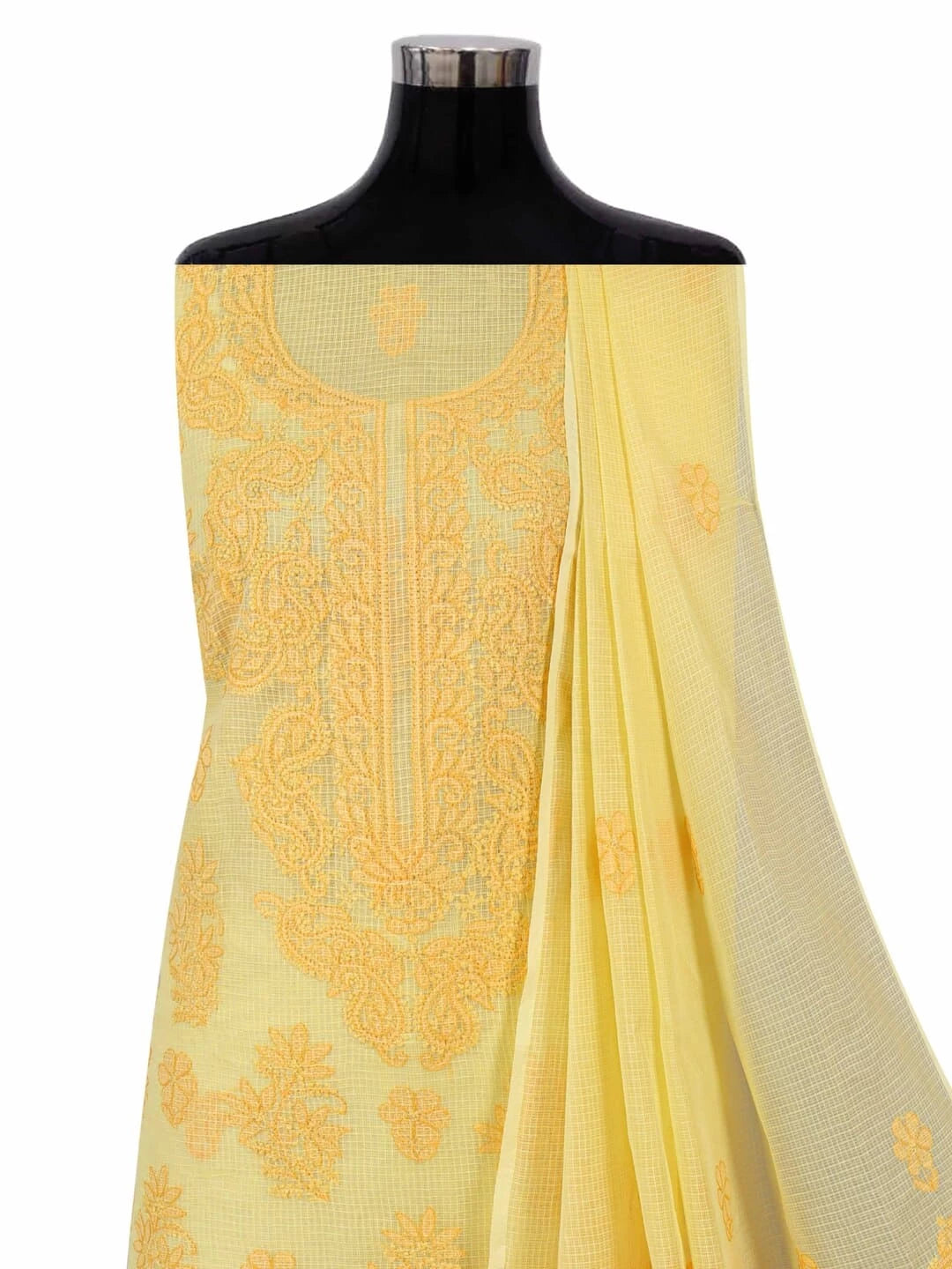 Ada Hand Embroidered Yellow Kota Lucknowi Chikankari Unstitched Kurta Dupatta Set 01A222098