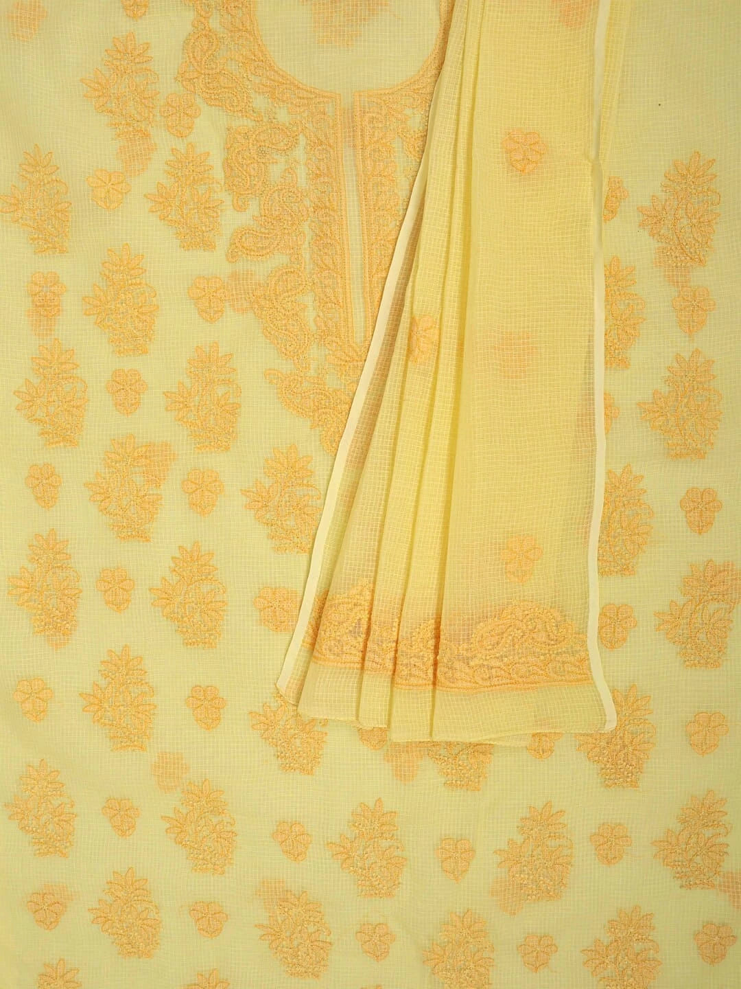 Ada Hand Embroidered Yellow Kota Lucknowi Chikankari Unstitched Kurta Dupatta Set 01A222098