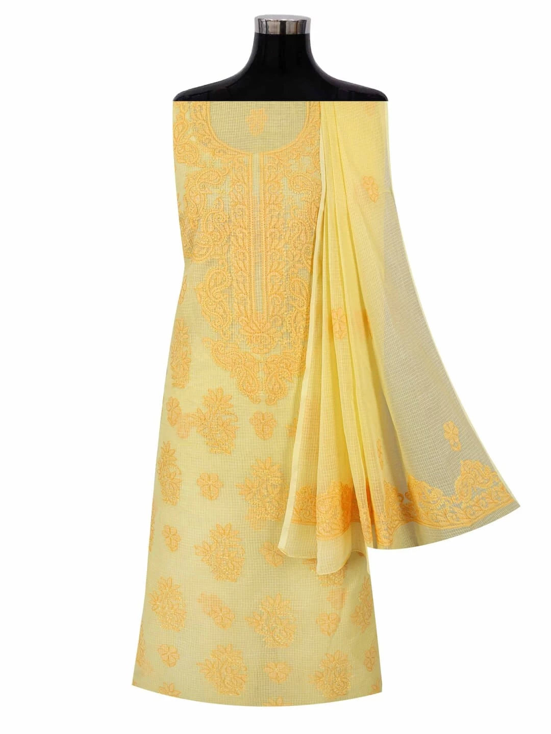 Ada Hand Embroidered Yellow Kota Lucknowi Chikankari Unstitched Kurta Dupatta Set 01A222098