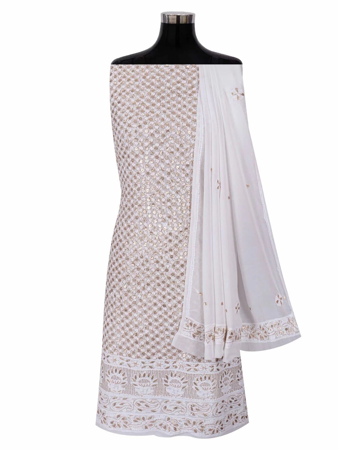 Ada Hand Embroidered White Viscose Georgette Lucknowi Chikankari Unstitched Kurta Dupatta Set With Gota Patti Work 01A189141