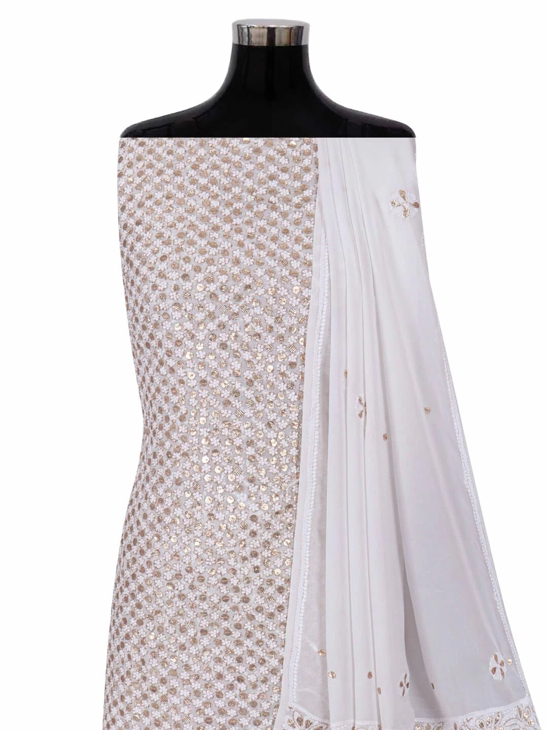 Ada Hand Embroidered White Viscose Georgette Lucknowi Chikankari Unstitched Kurta Dupatta Set With Gota Patti Work 01A189141