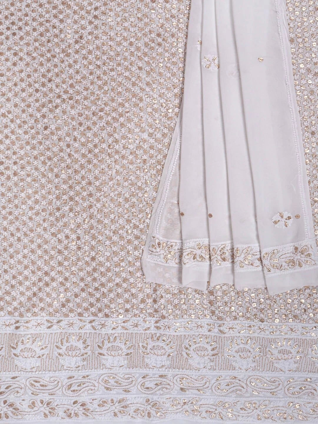 Ada Hand Embroidered White Viscose Georgette Lucknowi Chikankari Unstitched Kurta Dupatta Set With Gota Patti Work 01A189141