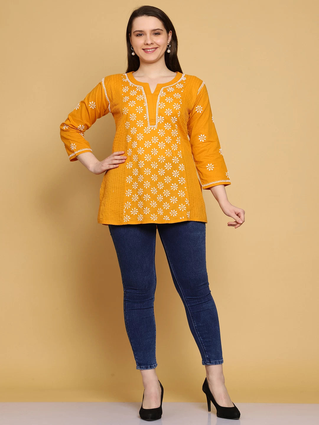 Ada Hand Embroidered Mustard Cotton Lucknowi Chikankari Straight Kurti A911298