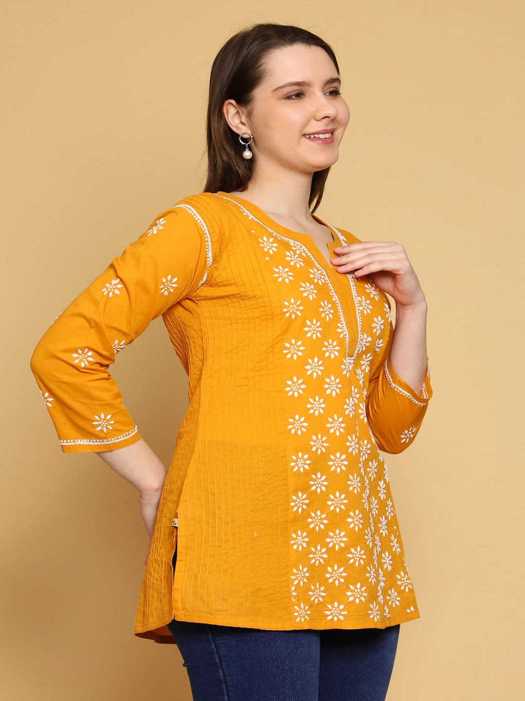 Ada Hand Embroidered Mustard Cotton Lucknowi Chikankari Straight Kurti A911298