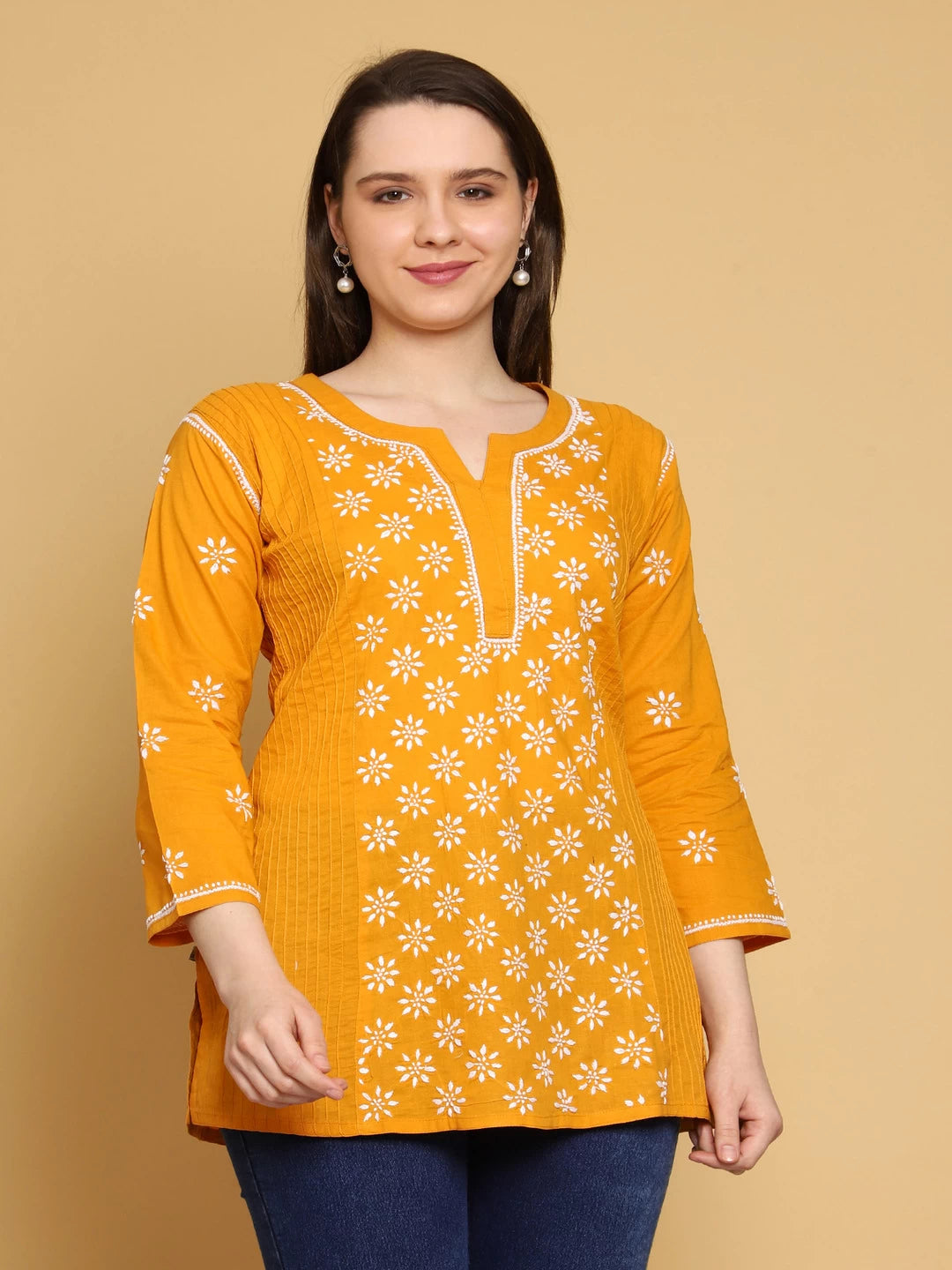 Ada Hand Embroidered Mustard Cotton Lucknowi Chikankari Straight Kurti A911298