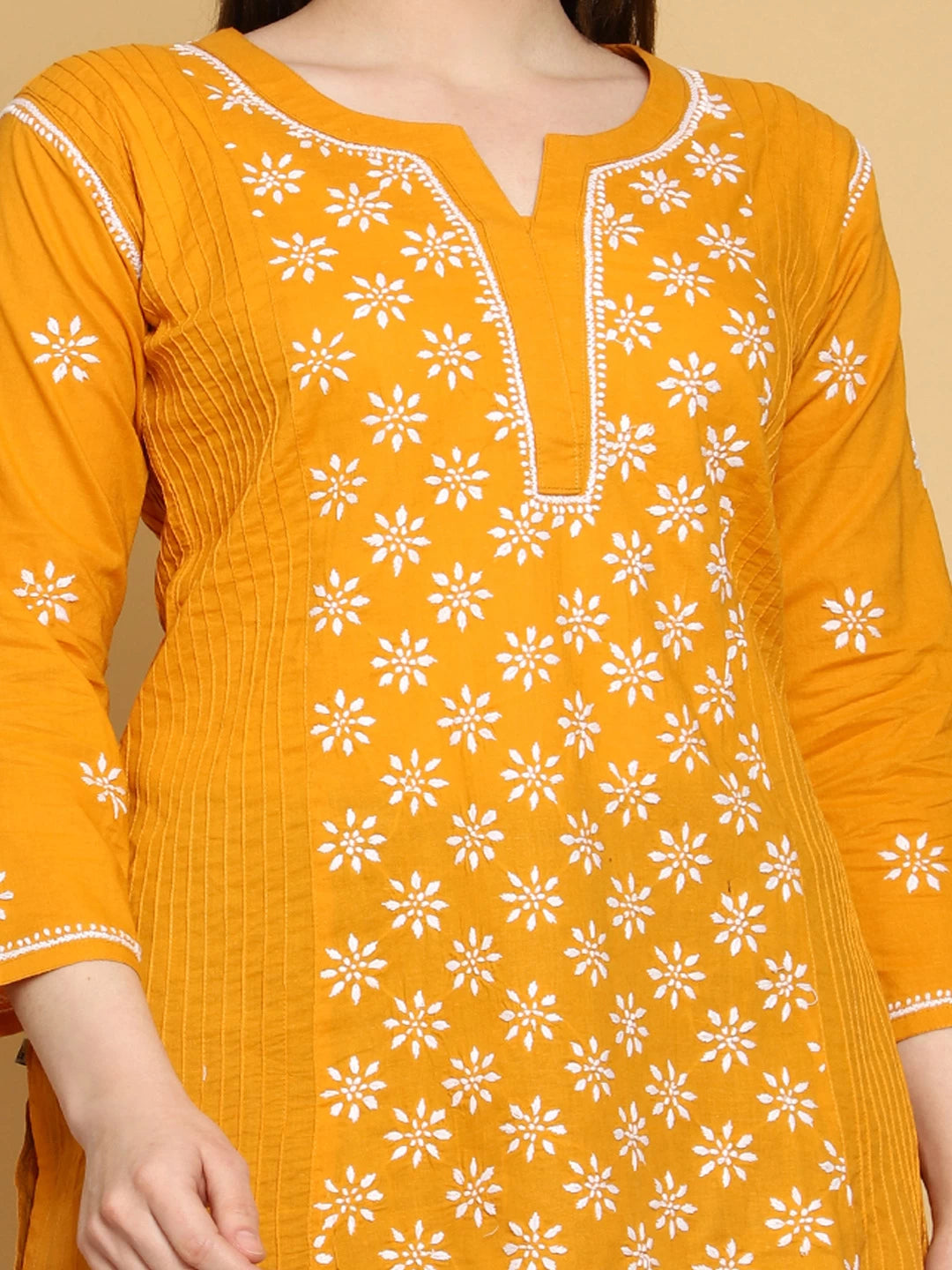 Ada Hand Embroidered Mustard Cotton Lucknowi Chikankari Straight Kurti A911298