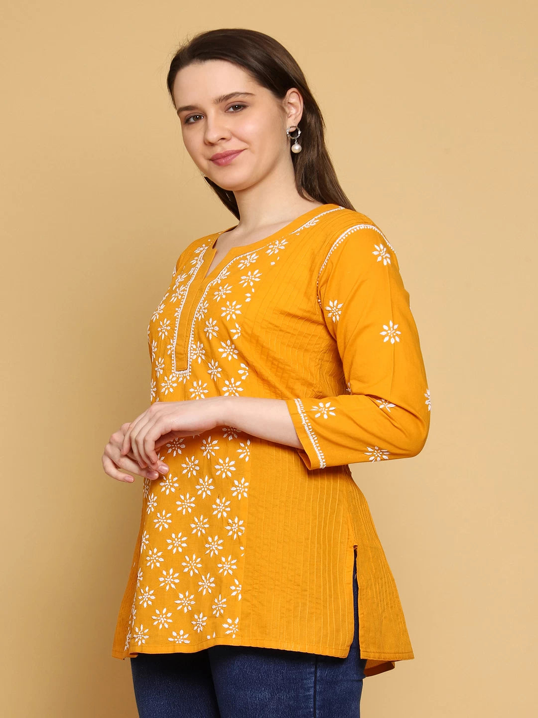 Ada Hand Embroidered Mustard Cotton Lucknowi Chikankari Straight Kurti A911298