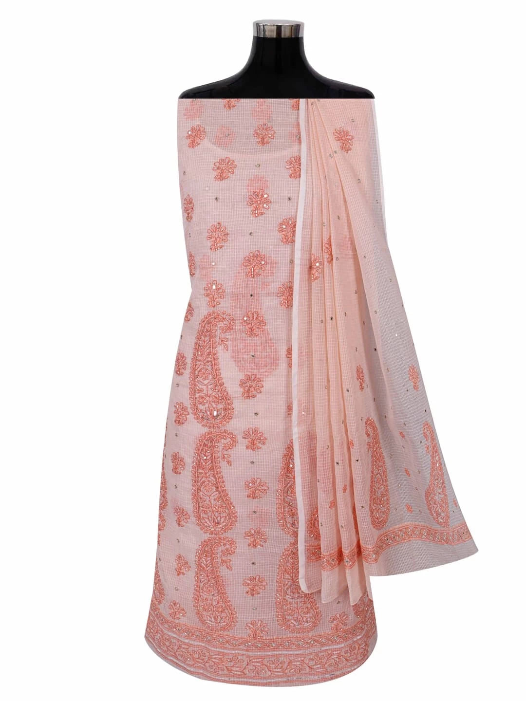 Ada Hand Embroidered Peach Kota Lucknowi Chikankari Unstitched Kurta Dupatta Set With Sequinned Work 01A127249