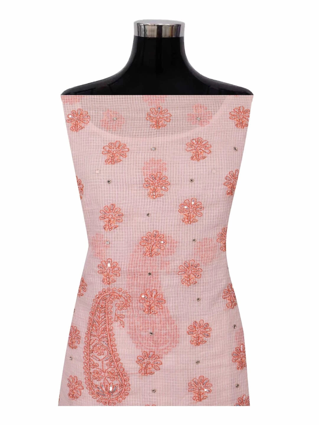 Ada Hand Embroidered Peach Kota Lucknowi Chikankari Unstitched Kurta Dupatta Set With Sequinned Work 01A127249