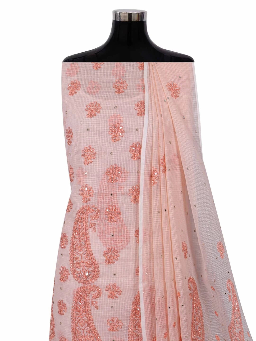 Ada Hand Embroidered Peach Kota Lucknowi Chikankari Unstitched Kurta Dupatta Set With Sequinned Work 01A127249