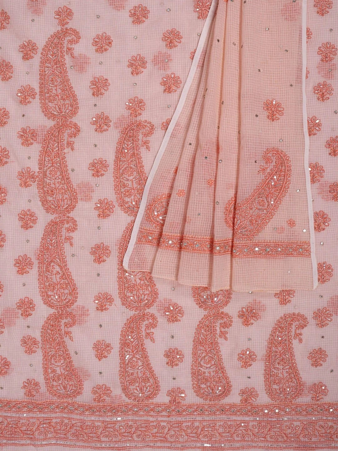 Ada Hand Embroidered Peach Kota Lucknowi Chikankari Unstitched Kurta Dupatta Set With Sequinned Work 01A127249