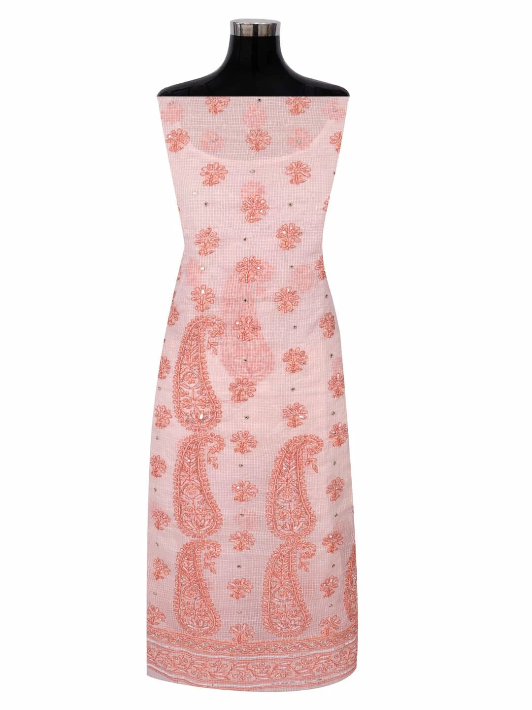 Ada Hand Embroidered Peach Kota Lucknowi Chikankari Unstitched Kurta Dupatta Set With Sequinned Work 01A127249