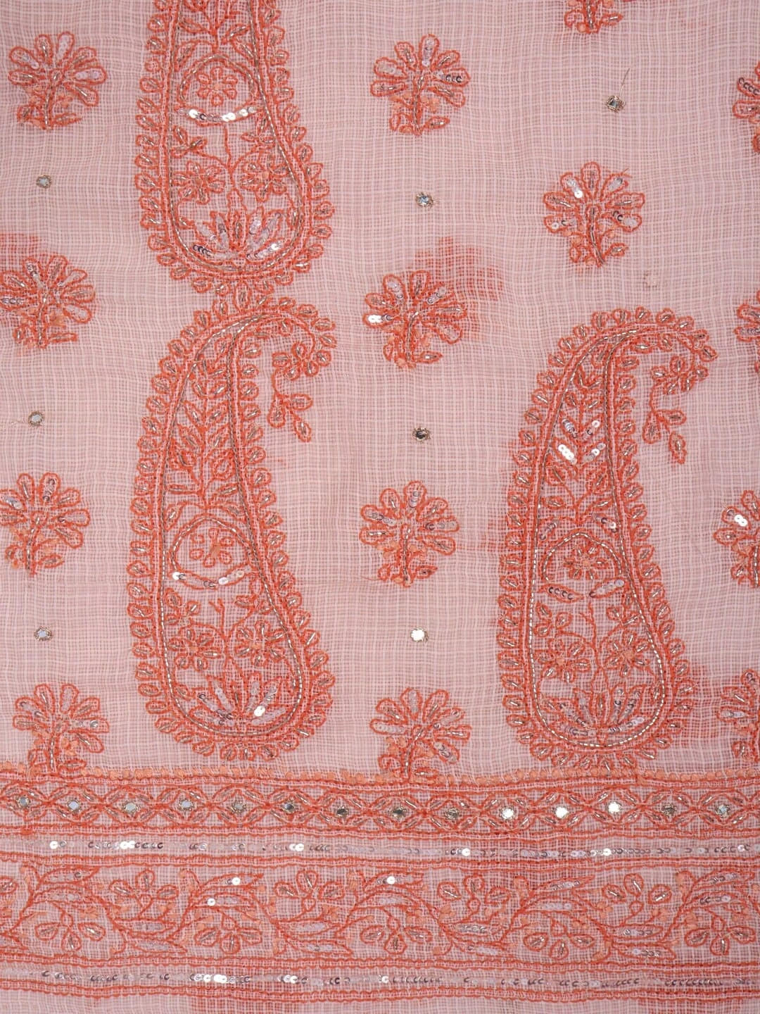 Ada Hand Embroidered Peach Kota Lucknowi Chikankari Unstitched Kurta Dupatta Set With Sequinned Work 01A127249