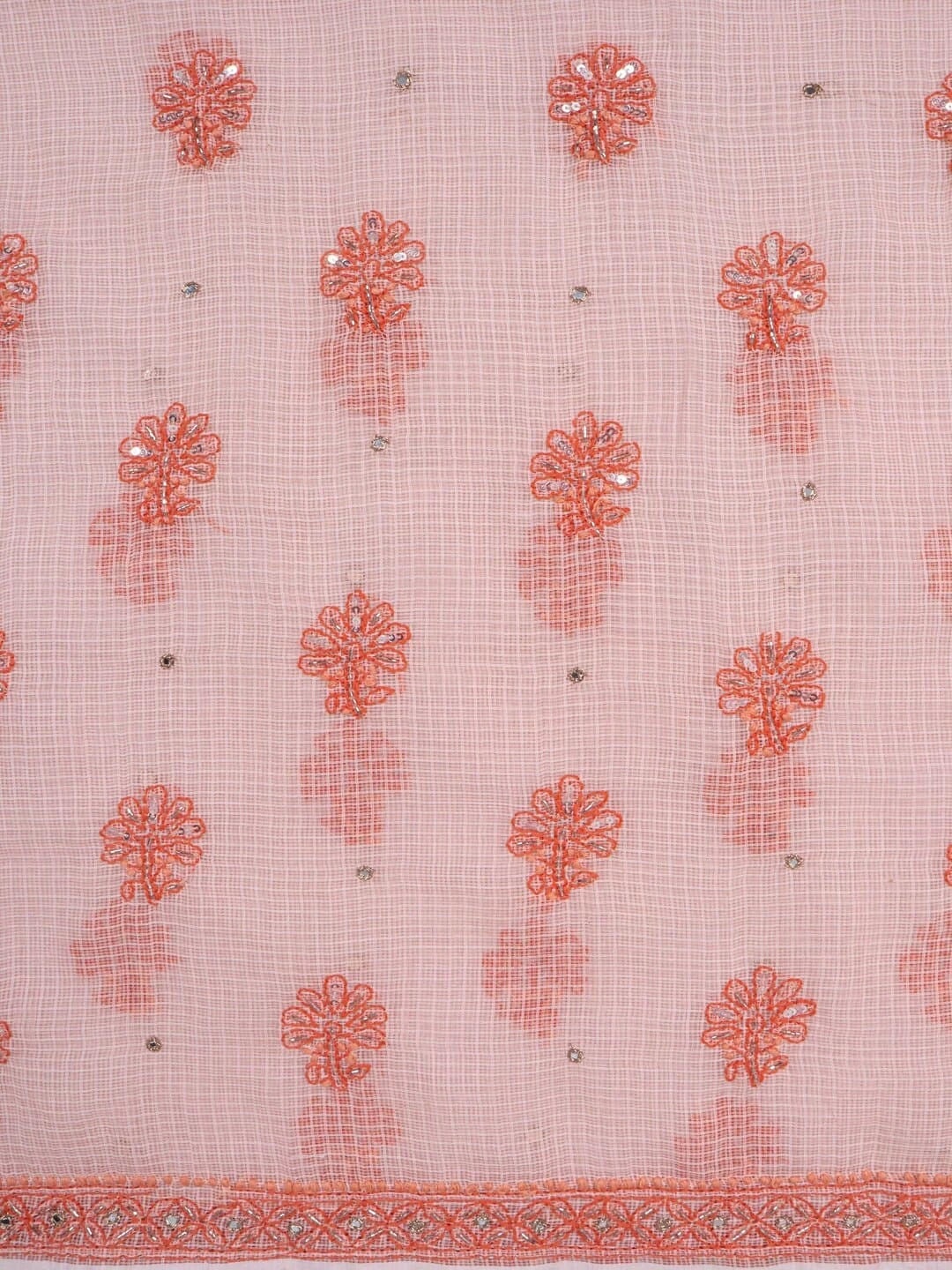 Ada Hand Embroidered Peach Kota Lucknowi Chikankari Unstitched Kurta Dupatta Set With Sequinned Work 01A127249