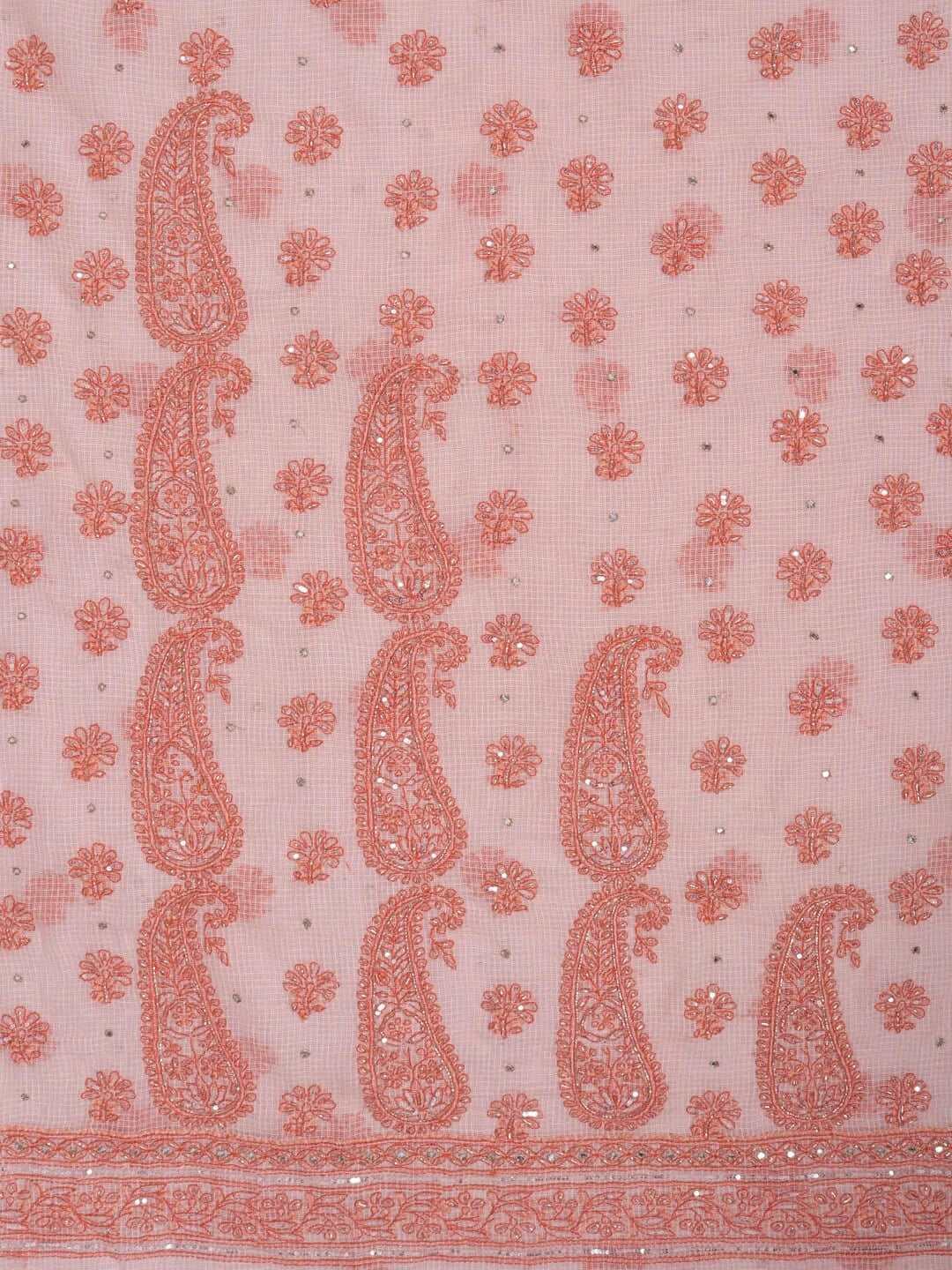 Ada Hand Embroidered Peach Kota Lucknowi Chikankari Unstitched Kurta Dupatta Set With Sequinned Work 01A127249