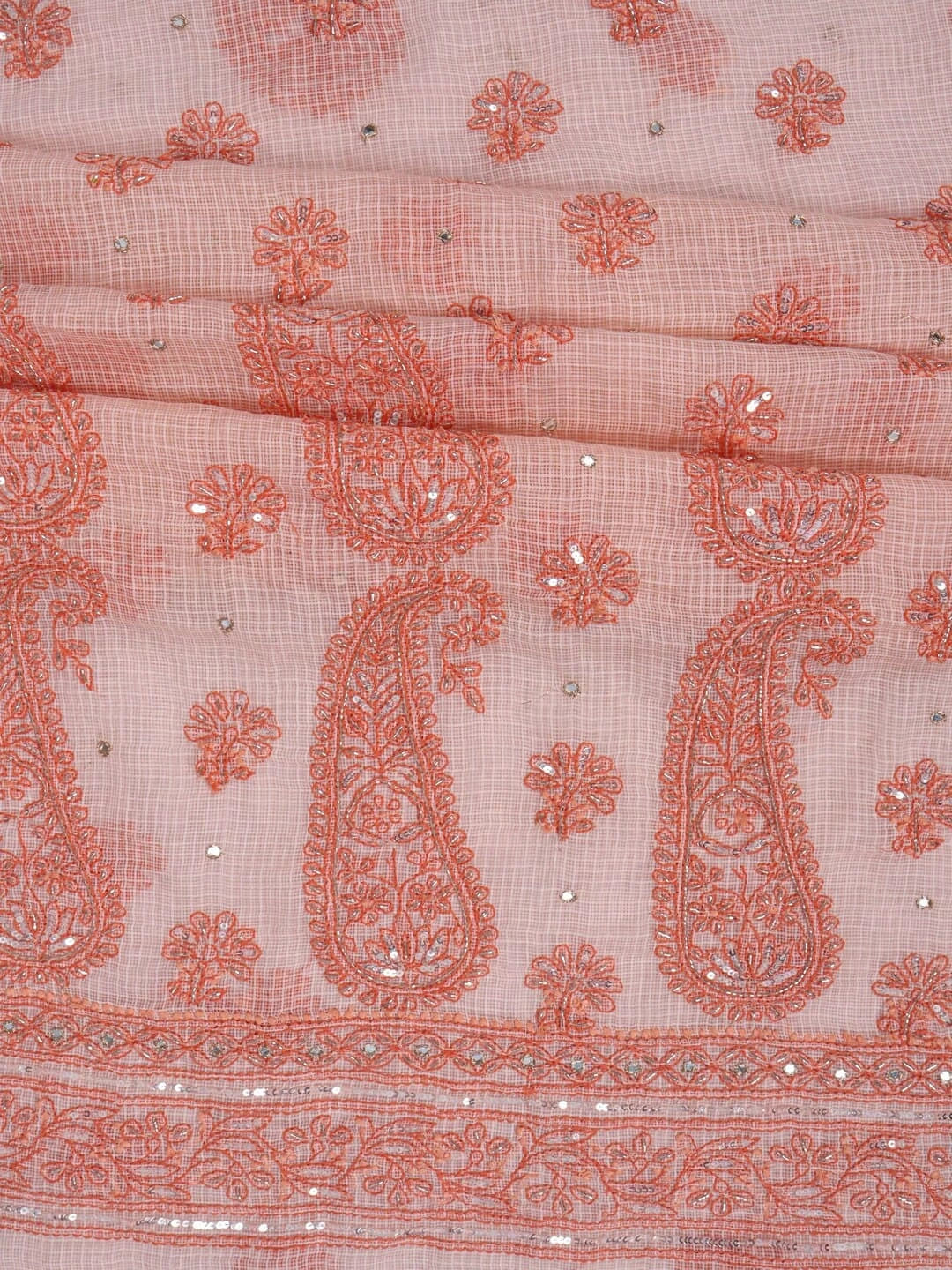 Ada Hand Embroidered Peach Kota Lucknowi Chikankari Unstitched Kurta Dupatta Set With Sequinned Work 01A127249