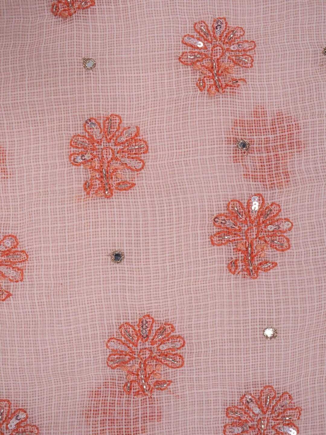 Ada Hand Embroidered Peach Kota Lucknowi Chikankari Unstitched Kurta Dupatta Set With Sequinned Work 01A127249
