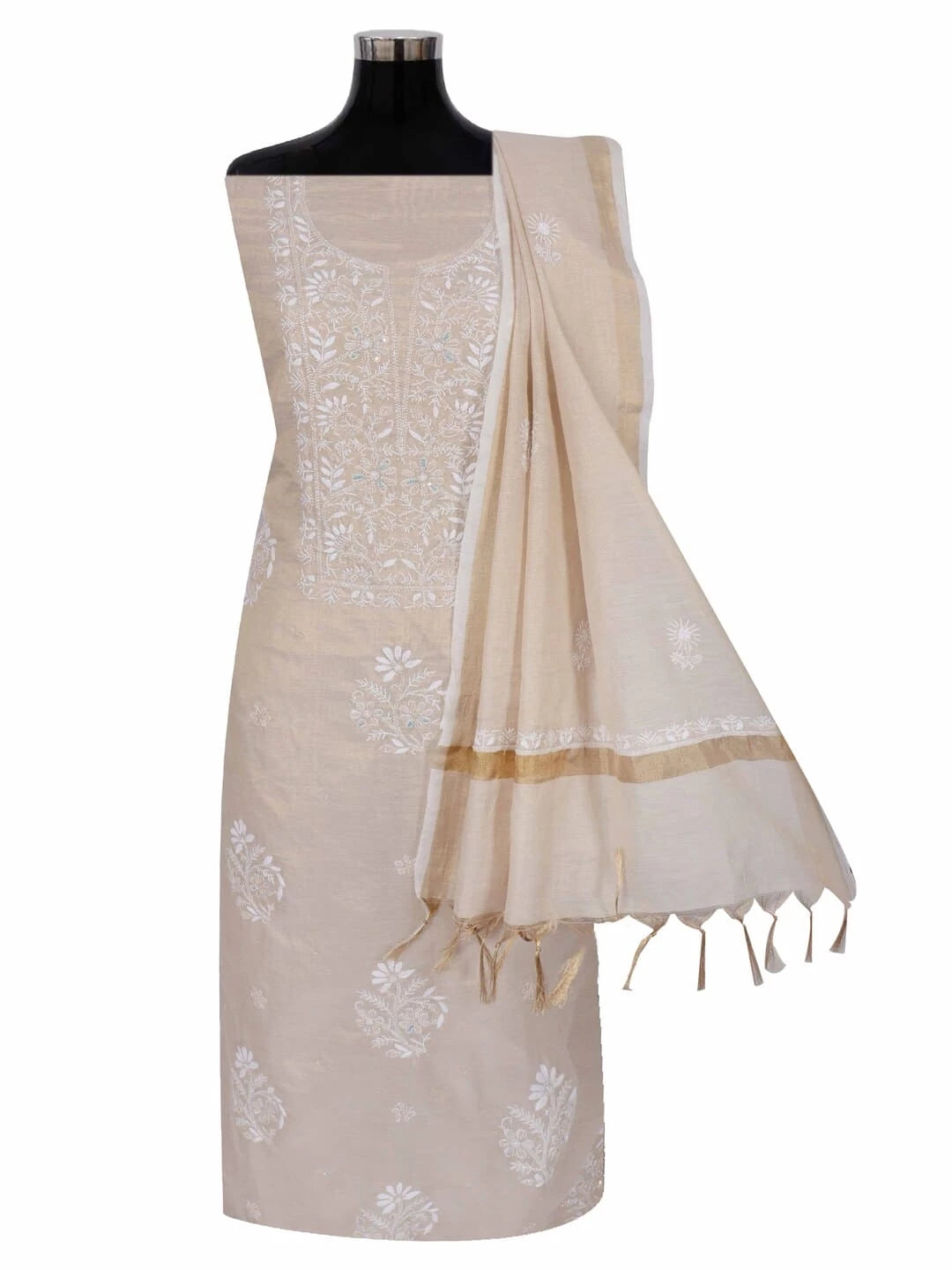 Ada Hand Embroidered Natural Fawn Tissue Lucknowi Chikankari Unstitched Kurta Dupatta Set With Pearl and Cutdana Work 01A216002